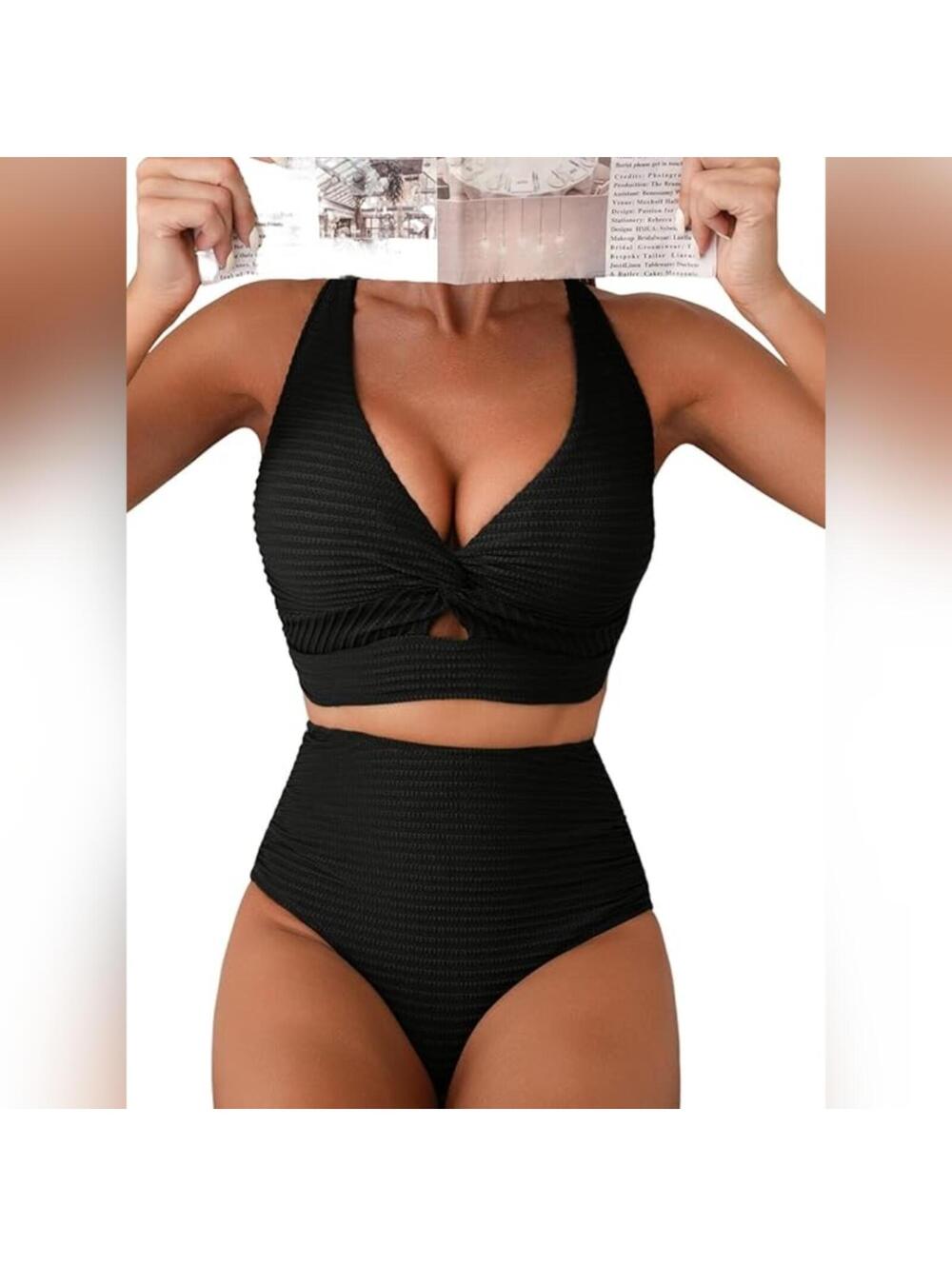 NWT Herseas 2 Piece Textured Twist Front Top High Waisted Bottom Swimsuit, XL 16